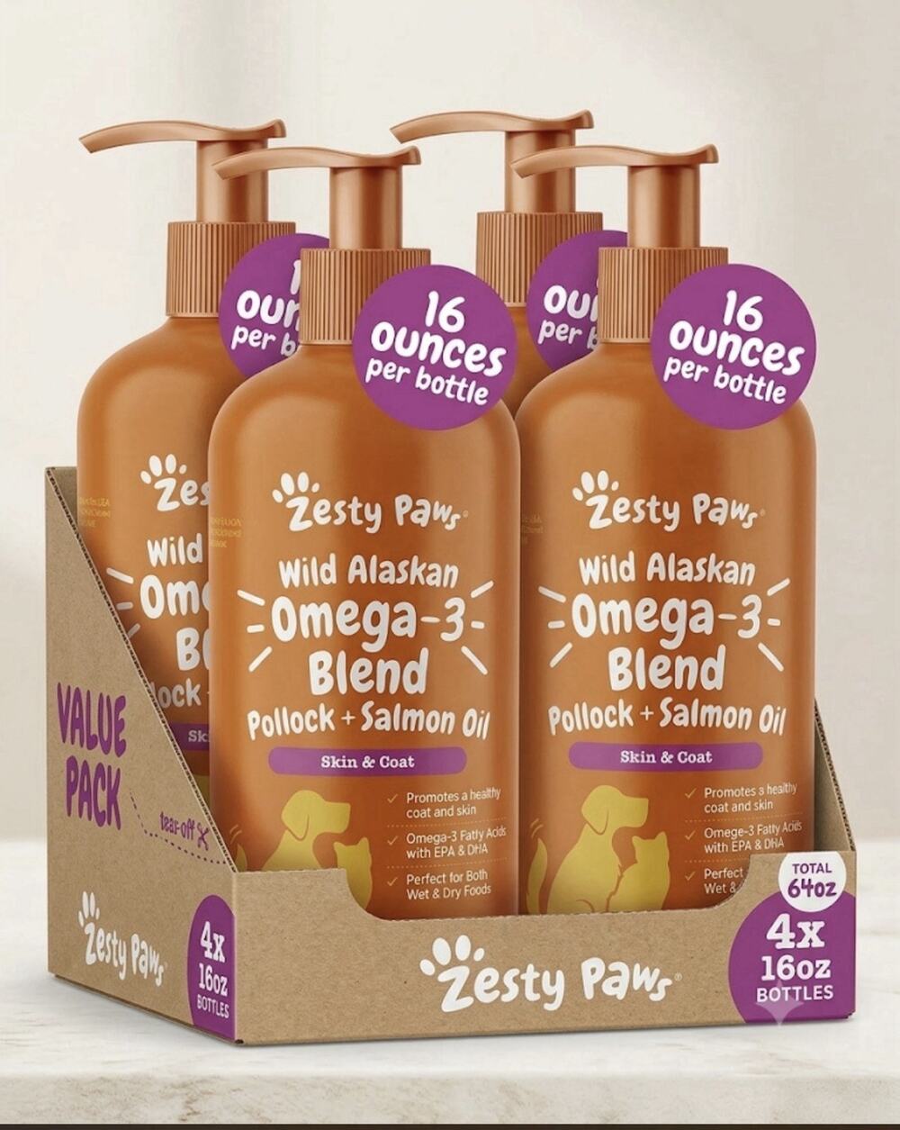 4 PAC Zesty Paws Wild Alaskan Omega-3 Blend Pollock + Salmon Oil for Dogs & Cats